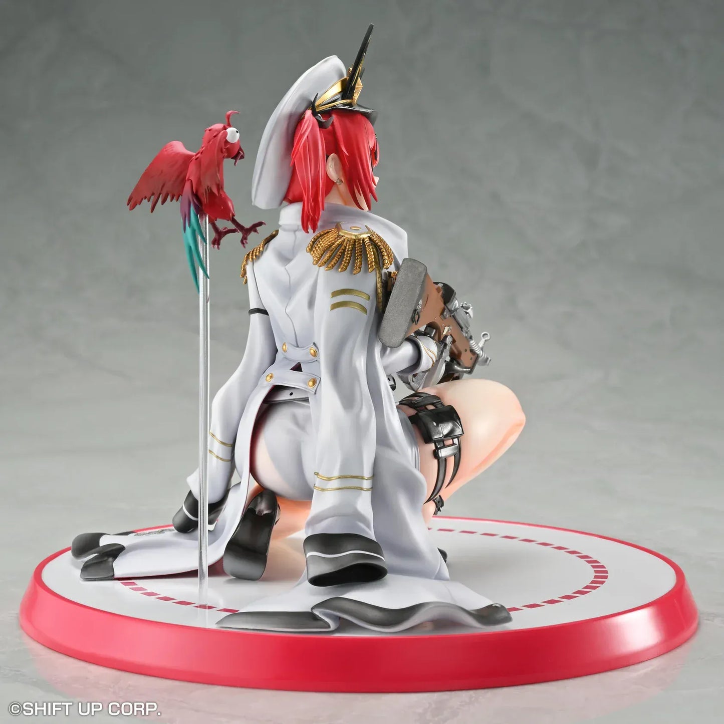 Goddess of Victory: Nikke Mast 1/7 scale figure kneeling on red-and-white base in white naval uniform with rifle and red parrot
