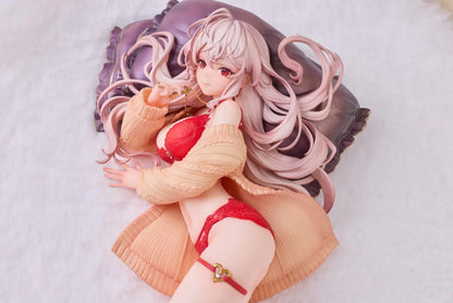 Makia 1/7 scale figure lying on a large fluffy white round base, wearing a cardigan and red lingerie, resting on a purple pillow