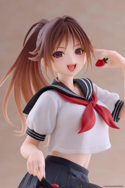 Desktop Cute Satsuki Kitaoji School Uniform Ver. figure seated with a brown ponytail, white and navy sailor uniform, and a strawberry held beside her smiling face.