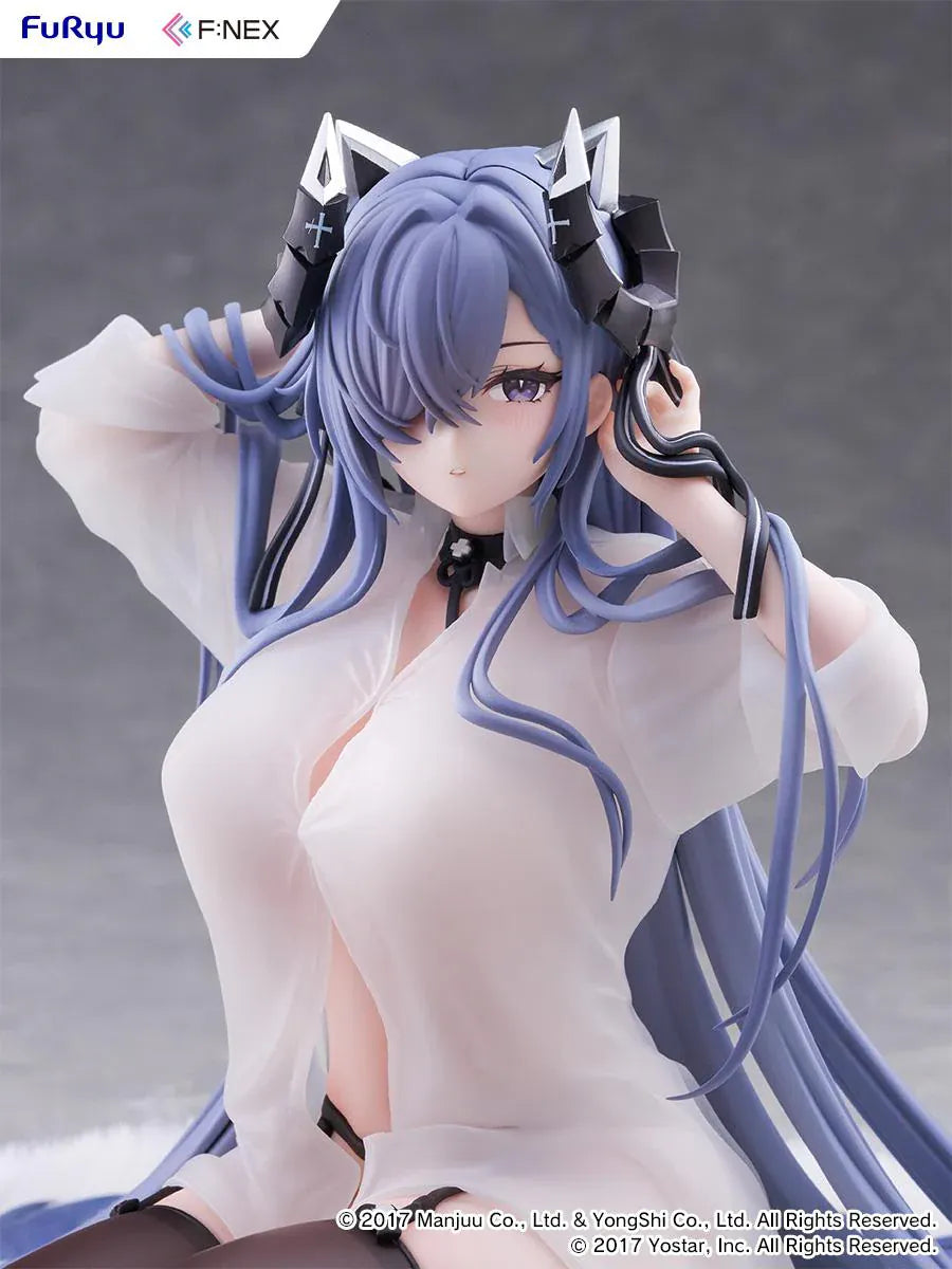 Azur Lane August von Parseval The Unhulde's Midday Respite 1/6 Scale Figure seated in white shirt with long blue hair and dark thigh-high stockings