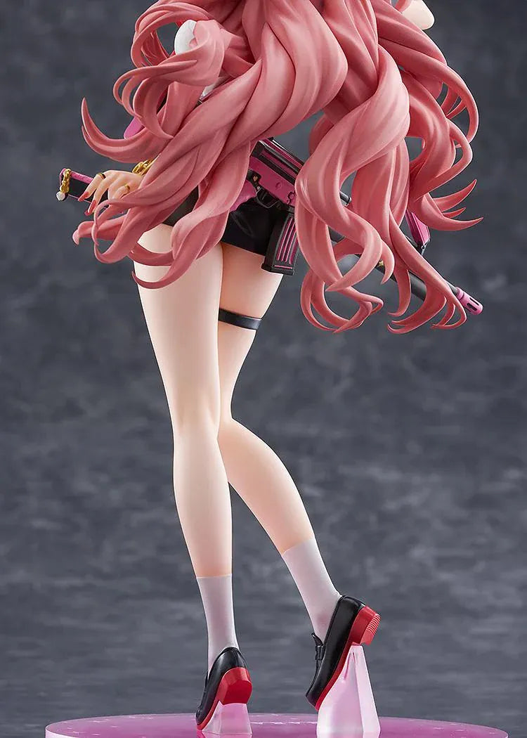 Blue Archive Kirara 1/7 scale figure with long pink hair, school uniform, pink and black weapon, halo, and translucent pink display base