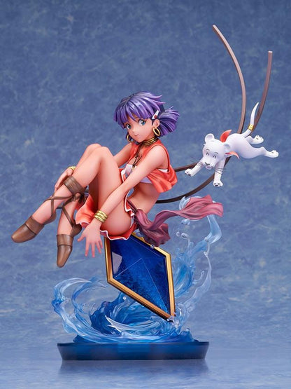 Nadia 1/7 scale figure in a red outfit with purple hair, a white lion companion, flowing ribbons, and swirling blue water effects.