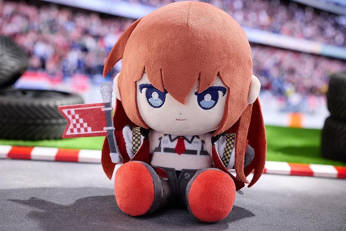 STEINS;GATE Kurisu Makise Racing Ver. Punipuni Plushie seated with reddish-brown hair, blue embroidered eyes, a racing outfit, and a red flag.