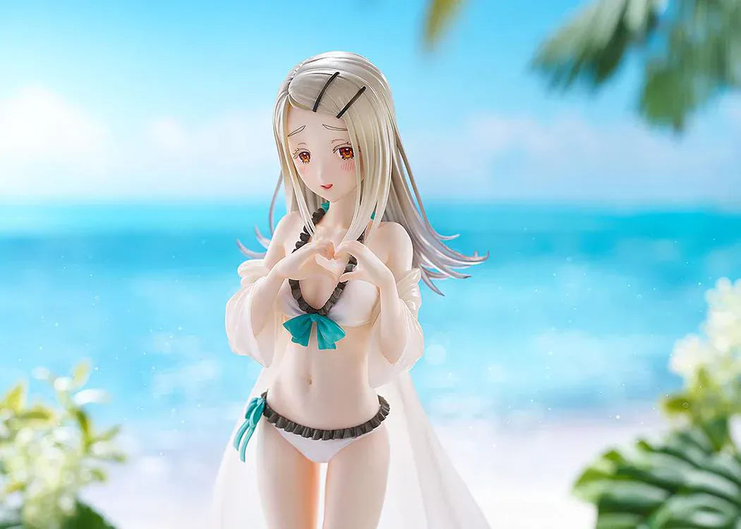 The Idolmaster Gakuen Hiro Shinosawa Swimsuit Ver 1/7 scale figure with straw hat, white swimsuit, and translucent beach cover-up on sand-style base