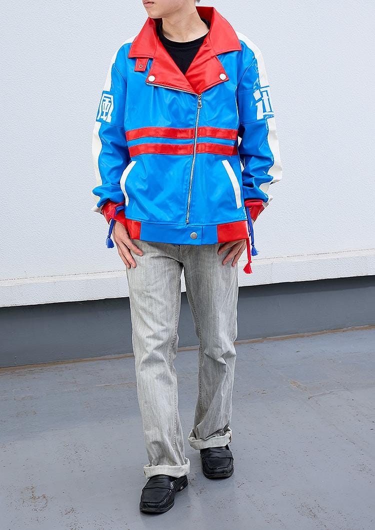 Umamusume Pretty Derby Tamamo Cross blue and red faux leather biker jacket with lightning bolt design and kanji symbols