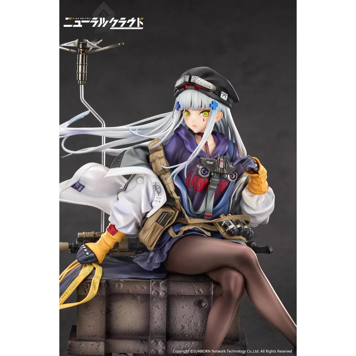 Girls' Frontline Neural Cloud Klukai 1/7 Scale Figure with long silver hair, military-inspired outfit, weapon accessories, seated pose, crate-style base, and bonus item