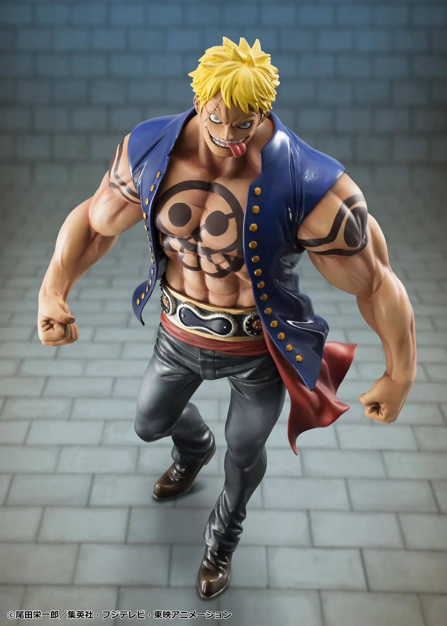One Piece Portrait of Pirates Bellamy the Hyena Sailing Again Rerelease figure with blonde hair, blue vest, chest tattoo, black pants, and fierce pose