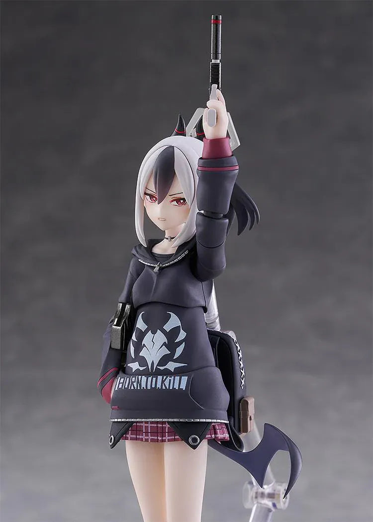 Blue Archive figma Kayoko Onikata Figure with black hoodie, plaid skirt, two-tone hair, halo detail, and tail