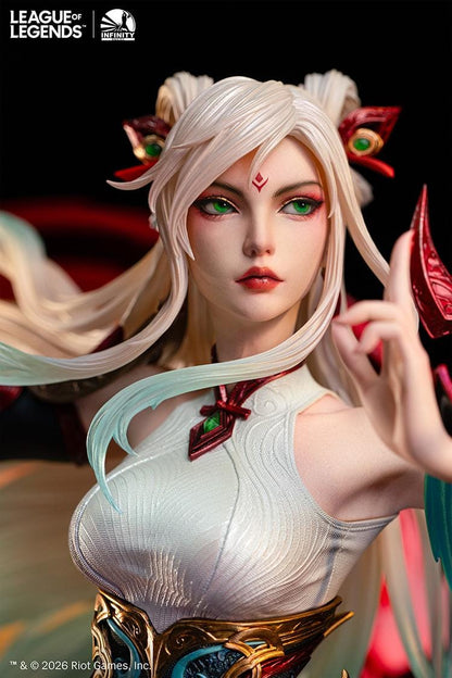 Infinity Studio League of Legends Mythmaker Irelia 1/4 scale figure surrounded by floating red blades, translucent waves, and an ornate base.