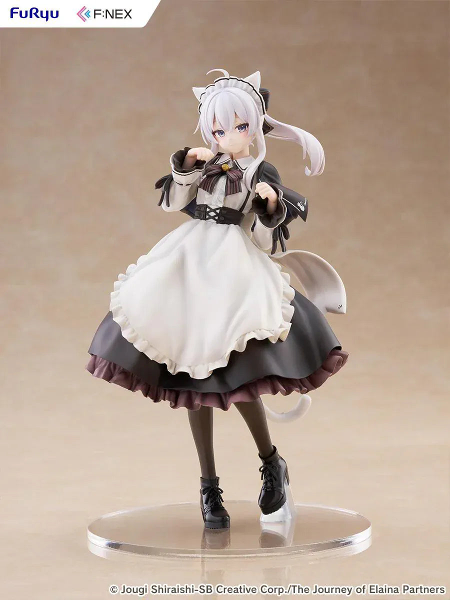 Elaina maid costume with cat ears scale figure from Wandering Witch, standing in a pawing pose with frilled monochrome dress and flowing twin-tail hair.