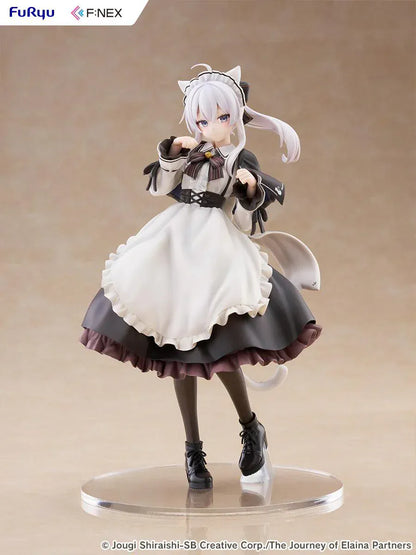 Elaina maid costume with cat ears scale figure from Wandering Witch, standing in a pawing pose with frilled monochrome dress and flowing twin-tail hair.