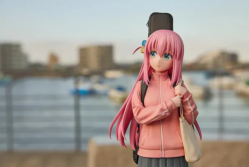 Bocchi the Rock Hitori Gotoh 1/7 scale figure rerelease featuring pink jacket, pleated skirt, and guitar case backpack