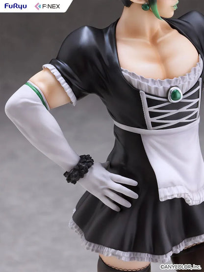 Hanabatake Chaika 1/7 Scale Figure by FuRyu F featuring a VTuber with tall black hair, green highlights, pointed ears, and a black and white maid outfit with white gloves, dark stockings, and black heels on a green circular display base.