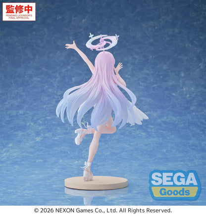 Mika swimsuit figure from Blue Archive with wings halo and pink hair standing on base