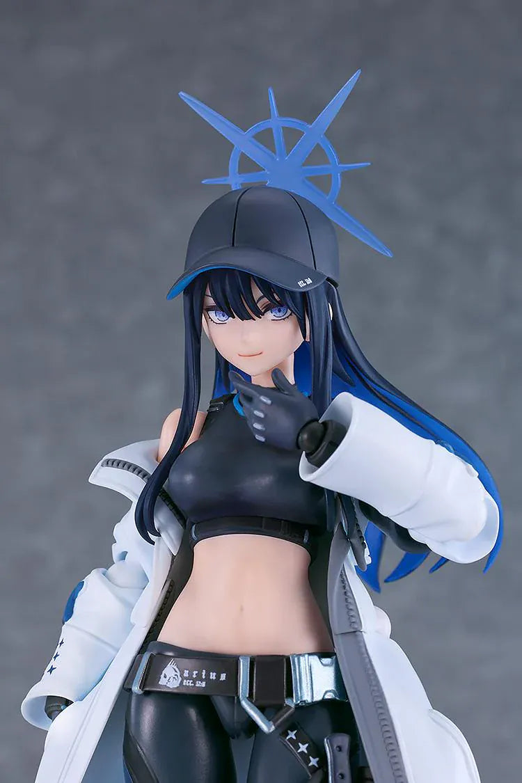 Blue Archive figma Saori Joumae figure featuring Saori in a tactical black outfit, white coat, cap, face mask, and weapon accessory