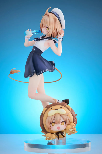 Rurudo Lion Marine Sailor Ver. figure in a navy and white sailor dress and hat, holding a blue bottle beside a chibi lion companion.