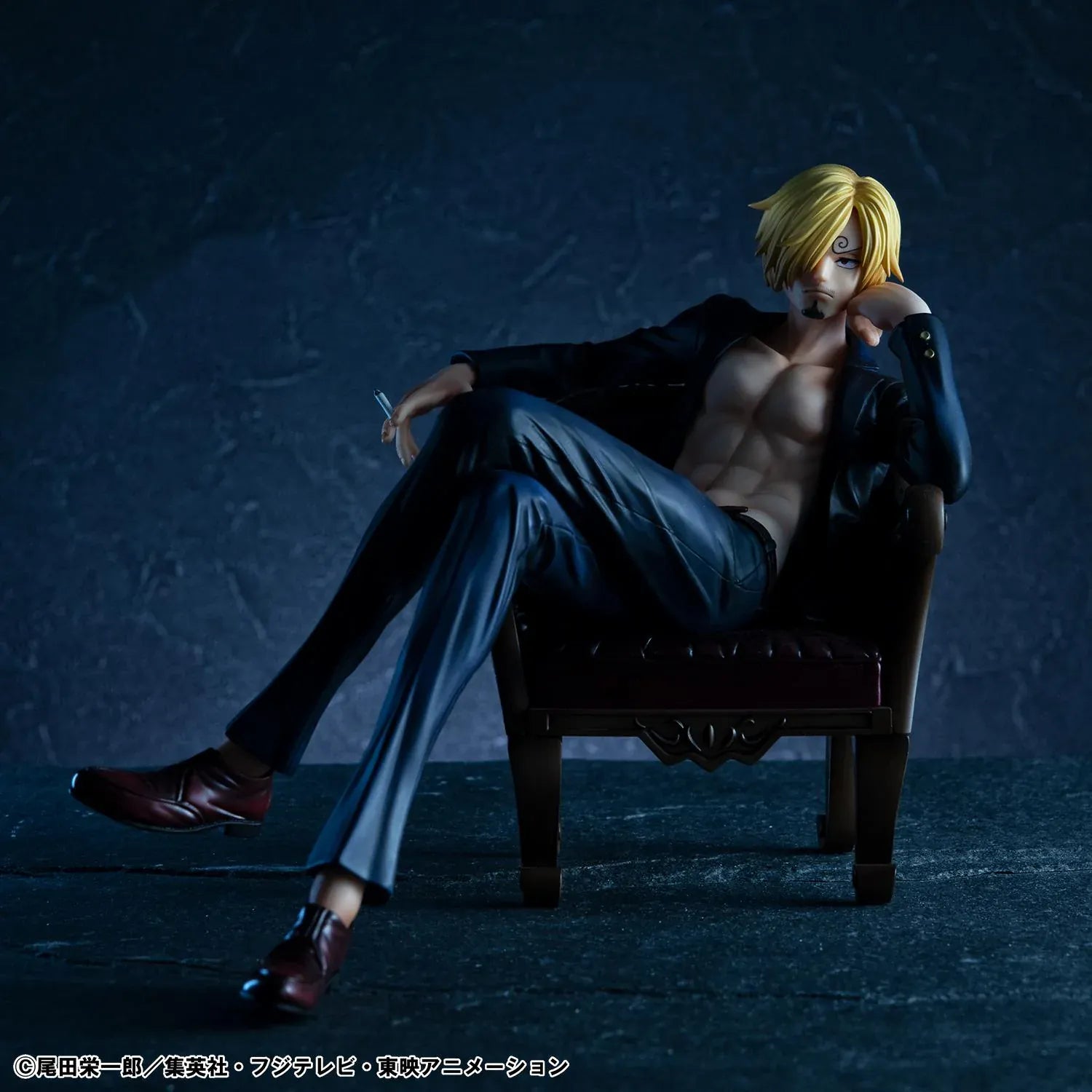 One Piece Portrait of Pirates S.O.C. Sanji Ver.R Figure seated in a chair with black suit, blonde hair, cigarette accessory, and relaxed pose
