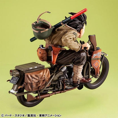 “Dragon Ball Z Desktop Real McCoy EX figure of Kid Goku riding a detailed military-style motorbike with gear and accessories.”