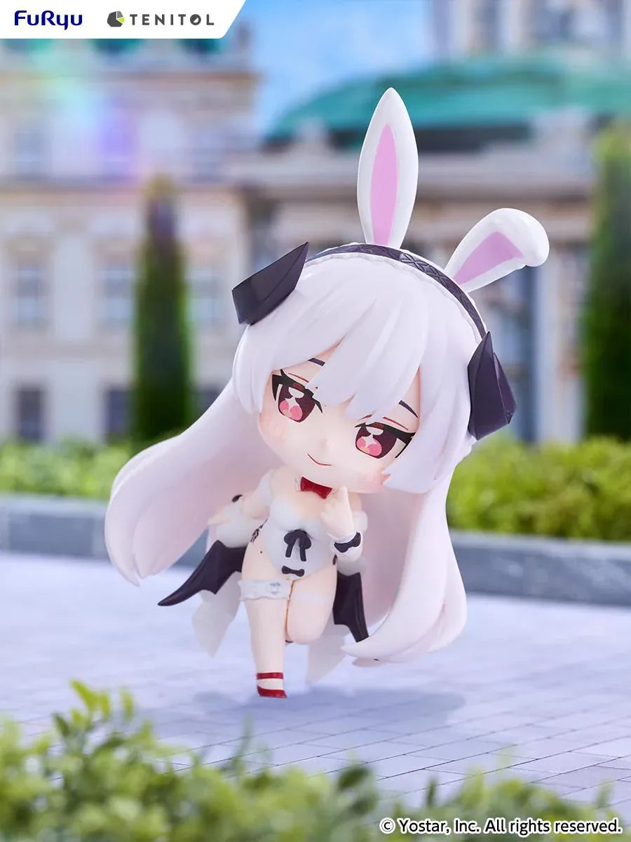 Stella Sora TENITOL Mini Virigia Bunny Figure by FuRyu featuring a white-haired anime girl with pink eyes, oversized bunny ears, a white bunny outfit with black accents, red bow tie, and matching shoes in a playful pose.