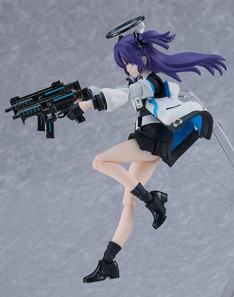 Blue Archive figma Yuuka Hayase Figure Rerelease featuring Yuuka with purple twin tails, academy-style outfit, halo detail, and tactical weapon accessories.