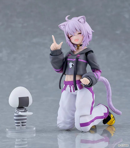 hololive production figma Nekomata Okayu Figure with lavender hair, cat ears and tail wearing her signature black purple and white outfit