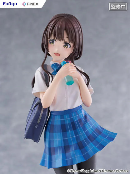 Chitose Is in the Ramune Bottle Yua Uchida 1/7 Scale Figure with brown hair, blue plaid skirt, school uniform outfit, shoulder bag, drink bottle accessory, and display base