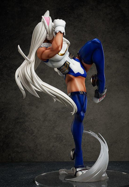 My Hero Academia Mirko 1/4 Scale Figure mid-kick pose with white hair, blue suit, and smoke-effect base
