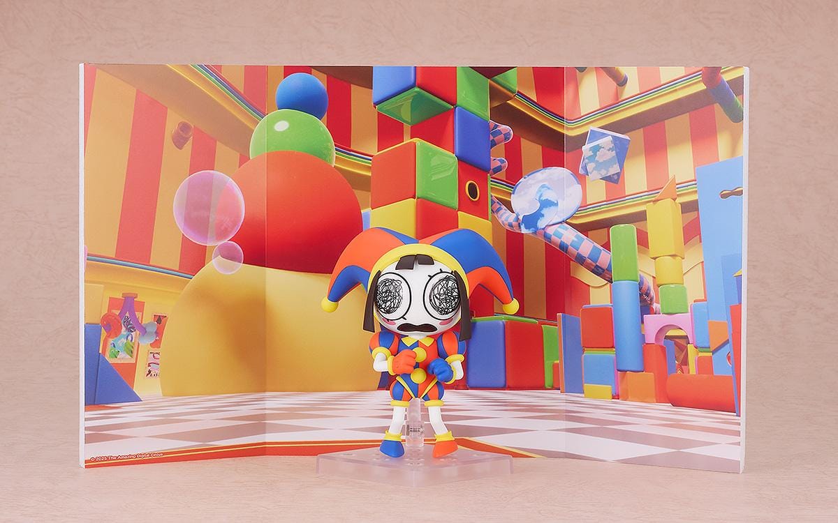 The Amazing Digital Circus Nendoroid Pomni Figure Rerelease featuring Pomni in a colorful red, blue, and yellow jester outfit with oversized hat and mismatched shoes.