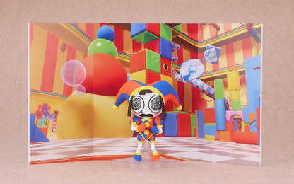 The Amazing Digital Circus Nendoroid Pomni Figure Rerelease featuring Pomni in a colorful red, blue, and yellow jester outfit with oversized hat and mismatched shoes.