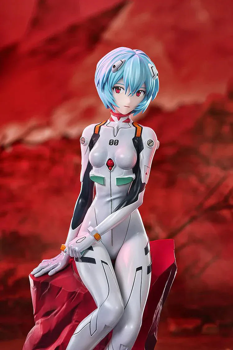 Rebuild of Evangelion Rei Ayanami 1/7 scale figure seated on red battle-style base in white plugsuit
