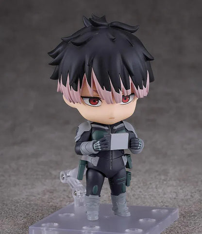 Kaiju No. 8 Nendoroid No.2883 Gen Narumi chibi figure in black combat suit holding large sword over shoulder