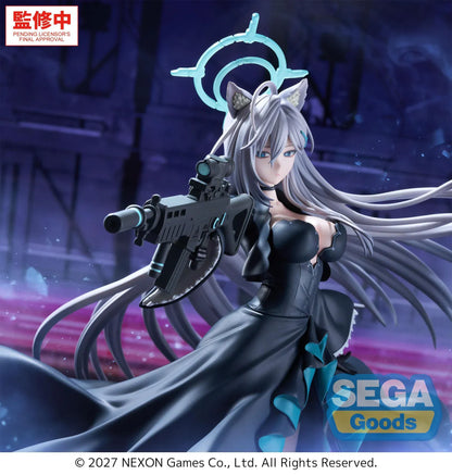Blue Archive Shiroko Terror FIGURIZMα figure holding a rifle, with flowing silver hair, a turquoise halo, dark teal-lined dress, and blue base effects.