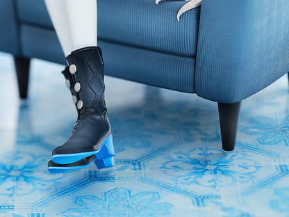 Isekaijoucho Universal Body Nemophila 1/7 scale figure sitting on blue chair with flowing silver hair and blue flower petals