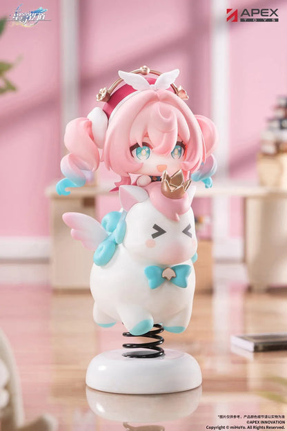Honkai Star Rail Happy Shake Hyacine Non-Scale Figure by APEX Toys featuring a pink-haired anime girl with turquoise eyes riding a white winged companion with a golden crown and blue bow, mounted on a black spring and white circular base.
