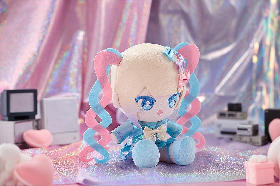 NEEDY GIRL OVERDOSE OMGkawaiiAngel Punipuni plushie with pink and blue spiral twin-tails, embroidered blue eyes, and a shimmering blue outfit.