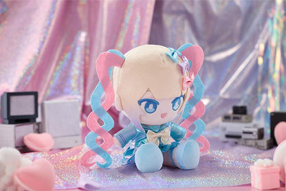 NEEDY GIRL OVERDOSE OMGkawaiiAngel Punipuni plushie with pink and blue spiral twin-tails, embroidered blue eyes, and a shimmering blue outfit.