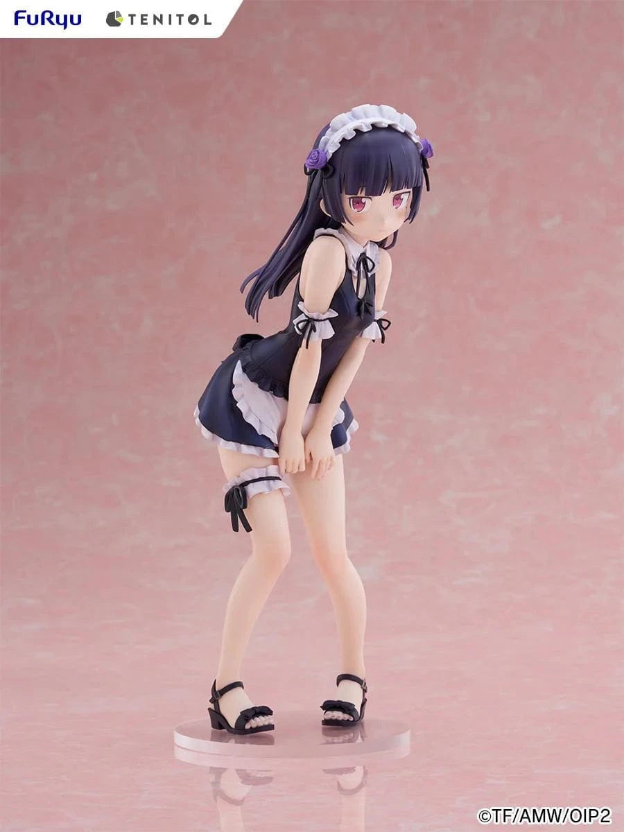 Oreimo Tenitol Tall Kuroneko Swimsuit Maid Ver. Figure featuring Kuroneko in a black-and-white maid swimsuit posing shyly by a dessert table with a beach backdrop