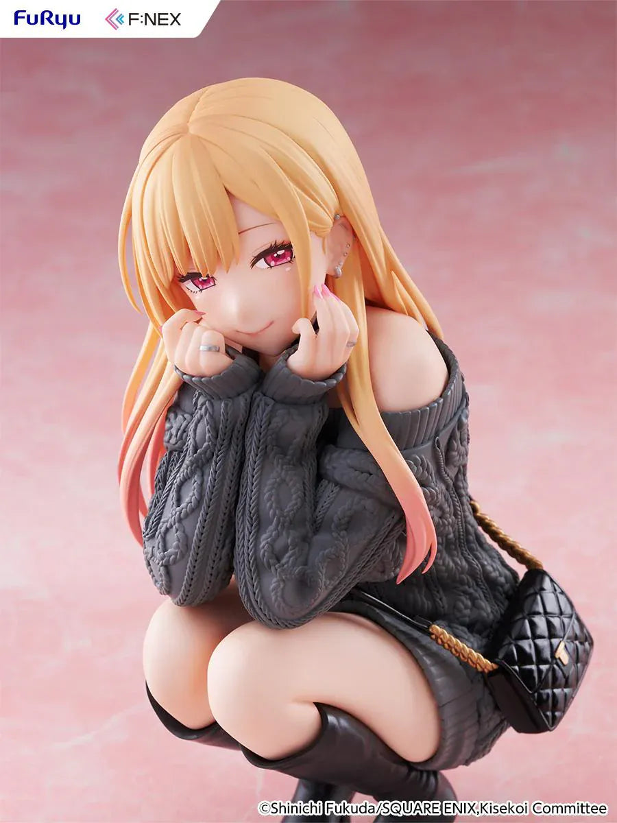 My Dress-Up Darling Kitagawa Marin knit ver. 1/6 Scale Figure featuring Marin with long blonde hair, gray oversized sweater, black boots, quilted bag, and crouching pose.