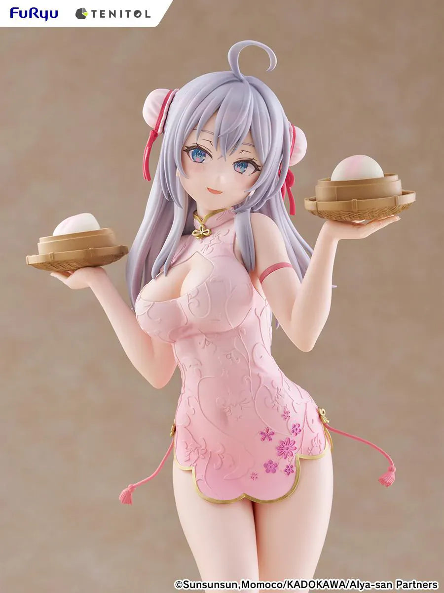 Alya Sometimes Hides Her Feelings in Russian TENITOL TALL Alya Cheongsam ver. Figure featuring Alya with long silver hair, pink cheongsam outfit, steamed bun accessories, and pink shoes.