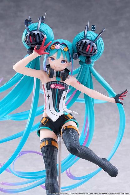 Hatsune Miku Taito Kuji Racing Miku 2026 figure wearing a futuristic racing outfit with flowing turquoise twin-tails and headphones.
