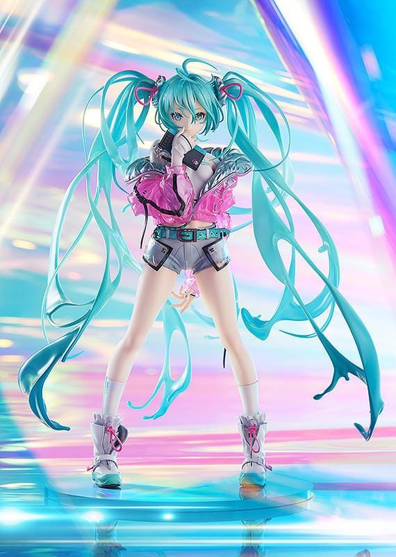 Hatsune Miku with SOLWA 1/7 Scale Figure Rerelease featuring Miku with teal twin tails, metallic pink jacket, silver outfit details, and a colorful display base.