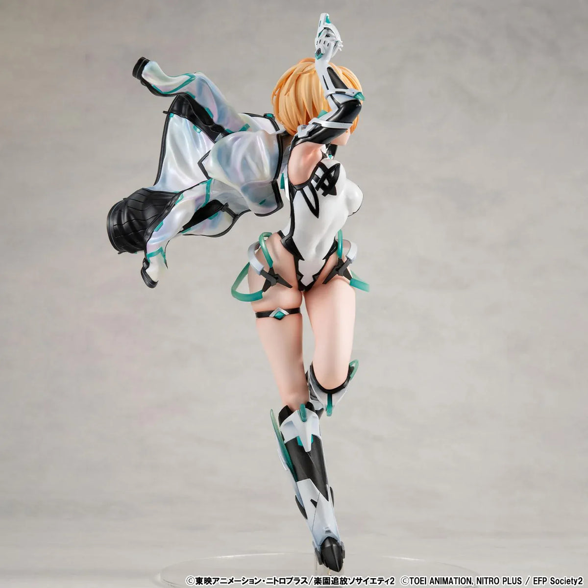 Lucrea Gabriel figure with golden hair, red eyes, black and white futuristic armor, turquoise accents, and a flowing iridescent-lined jacket.