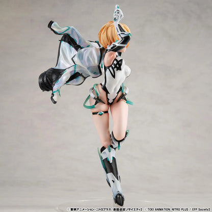 Lucrea Gabriel figure with golden hair, red eyes, black and white futuristic armor, turquoise accents, and a flowing iridescent-lined jacket.