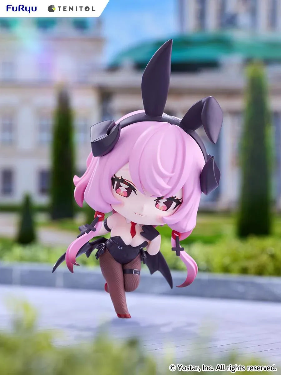 Stella Sora TENITOL Mini Bernina Bunny Figure by FuRyu featuring a pink-haired anime girl with reddish-pink eyes, black bunny ears, a black bunny outfit, fishnet tights, red accents, and bat-like wings in a playful pose.