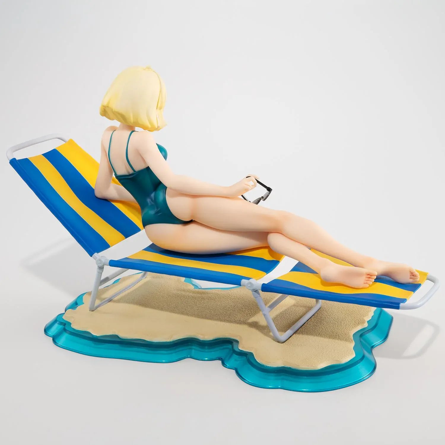 Mobile Suit Gundam Gundam Girls Generation Sayla Mass Break Time Reissue featuring Sayla lounging on a beach chair with teal swimsuit, sunglasses, and beach-themed display base.
