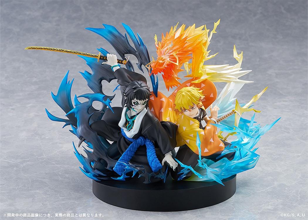 Zenitsu Agatsuma and Kaigaku Demon Slayer figure with lightning effects in dynamic battle pose