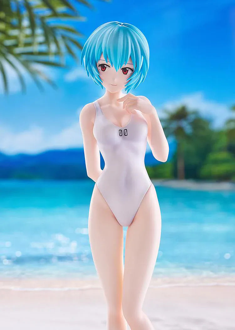 Rebuild of Evangelion POP UP PARADE BEACH QUEENS Rei Ayanami One-Piece Style L Size Figure featuring Rei with short blue hair, red eyes, and a white one-piece swimsuit.