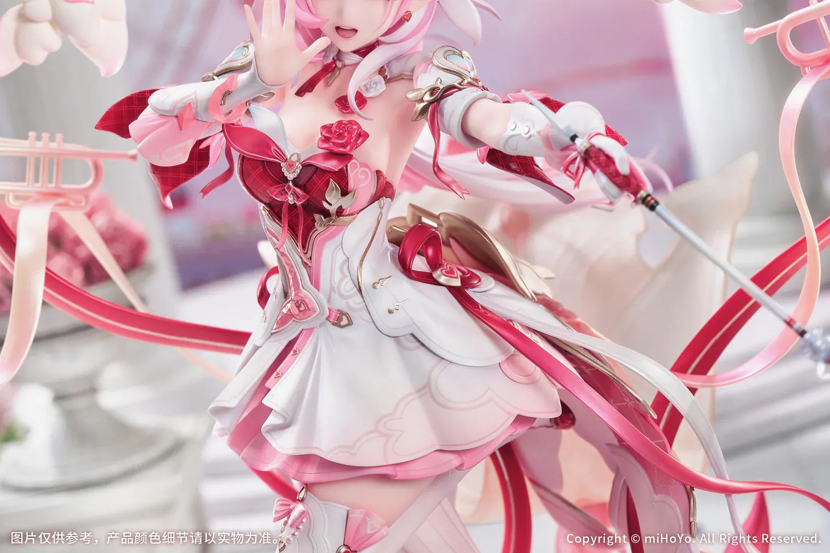 Honkai Impact 3rd Elysia Hi Love Elf Ver. 1/7 Scale Figure Bonus Edition featuring Elysia in a pink-and-white outfit with heart-themed base, ribbon effects, and musical accessories.