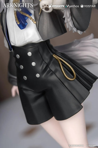 Arknights Rhodes Kids Series Lappland figure wearing a black-and-white uniform and holding a small wolf companion.