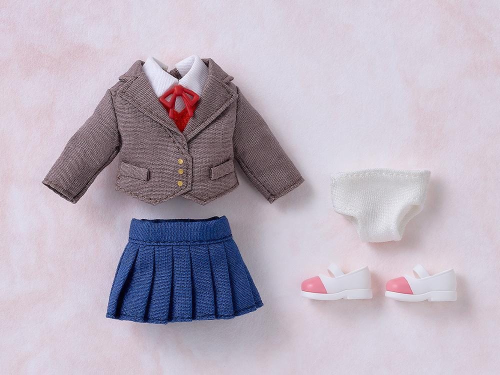 Doki Doki Literature Club! Nendoroid Doll Monika wearing a fabric brown blazer, blue pleated skirt, red ribbon, and white hair bow.